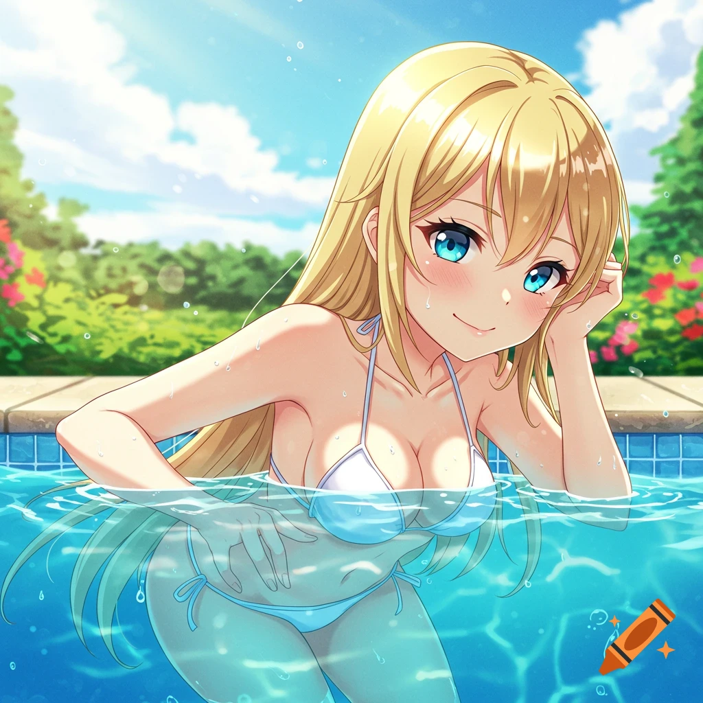 Anime girl in a white swimsuit smiles in a pool.