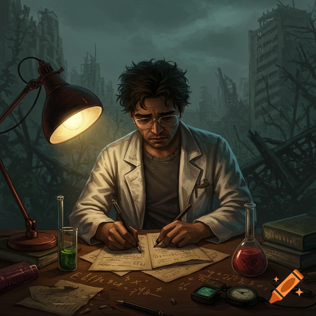 A scientist writes at a desk in a post-apocalyptic city, lit by a lamp.