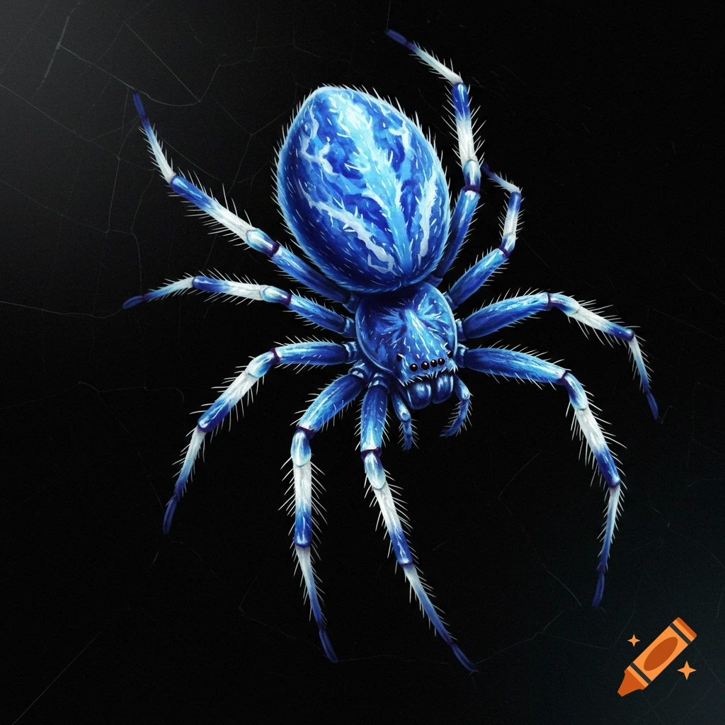 A detailed blue and white spider on a dark background.