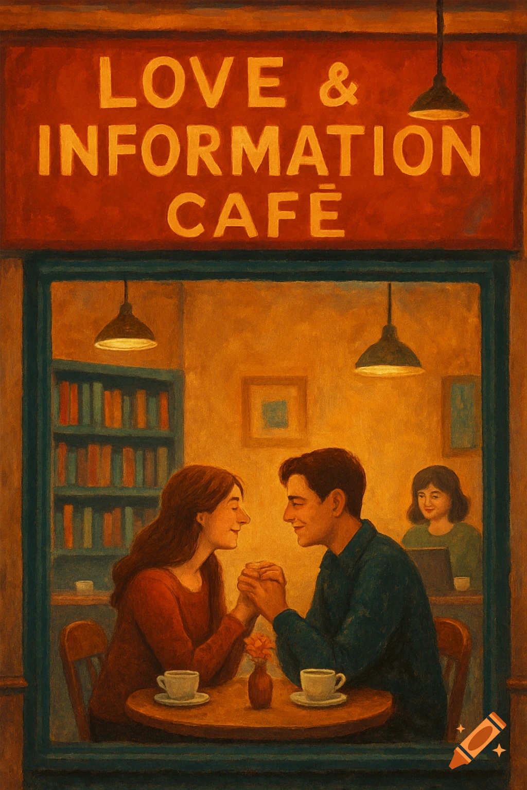 A couple holds hands at a cafe table, seen through the window. A sign reads "LOVE & INFORMATION CAFE". Painting style.