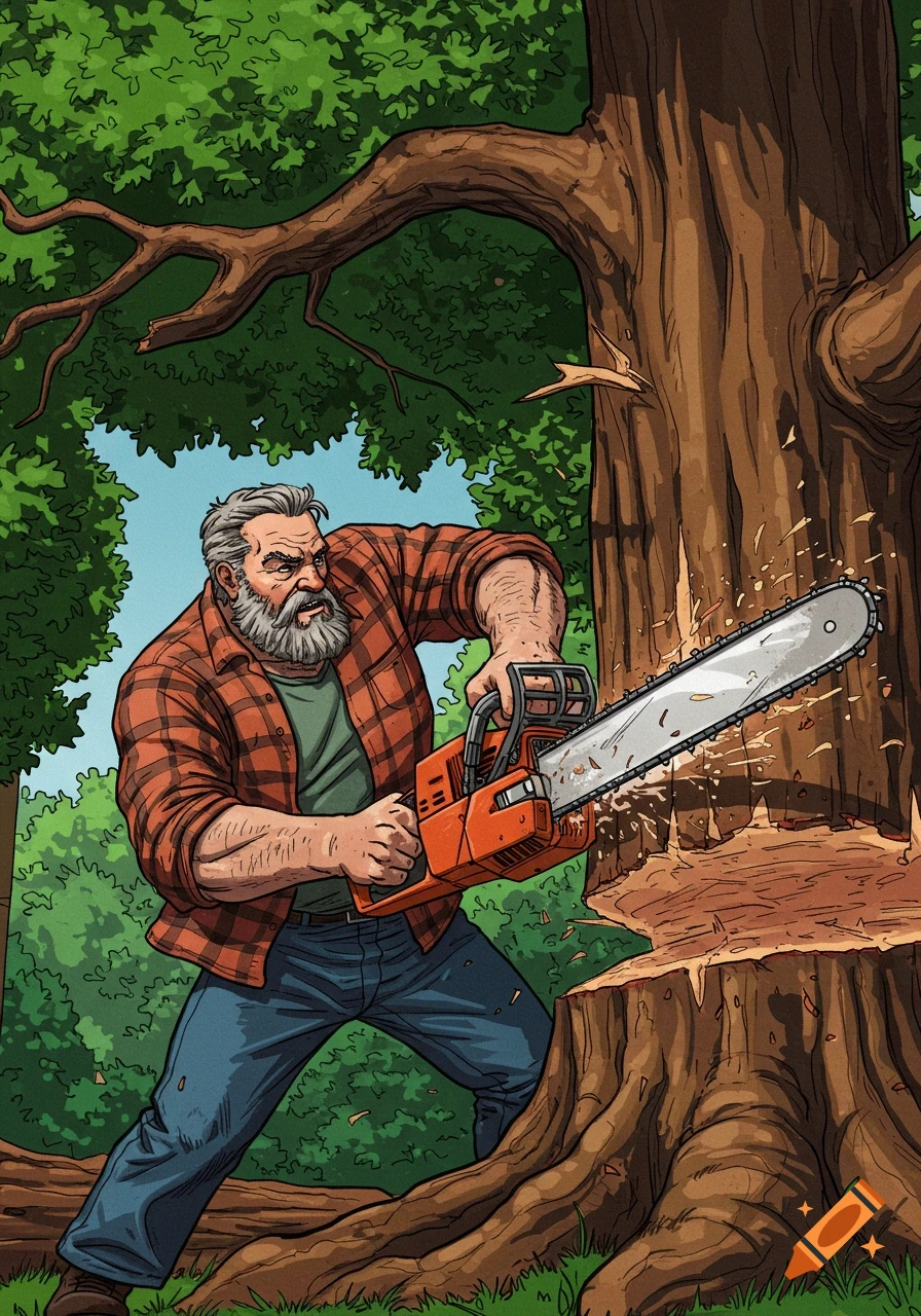 An illustration of a man cutting a tree with a chainsaw.
