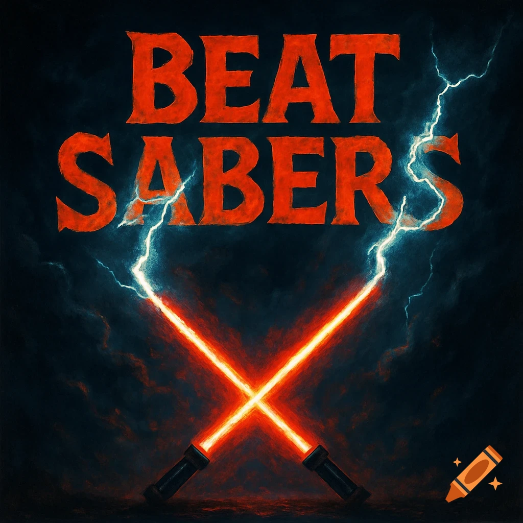 Text 'BEAT SABERS' over crossed red light sabers with lightning bolts.