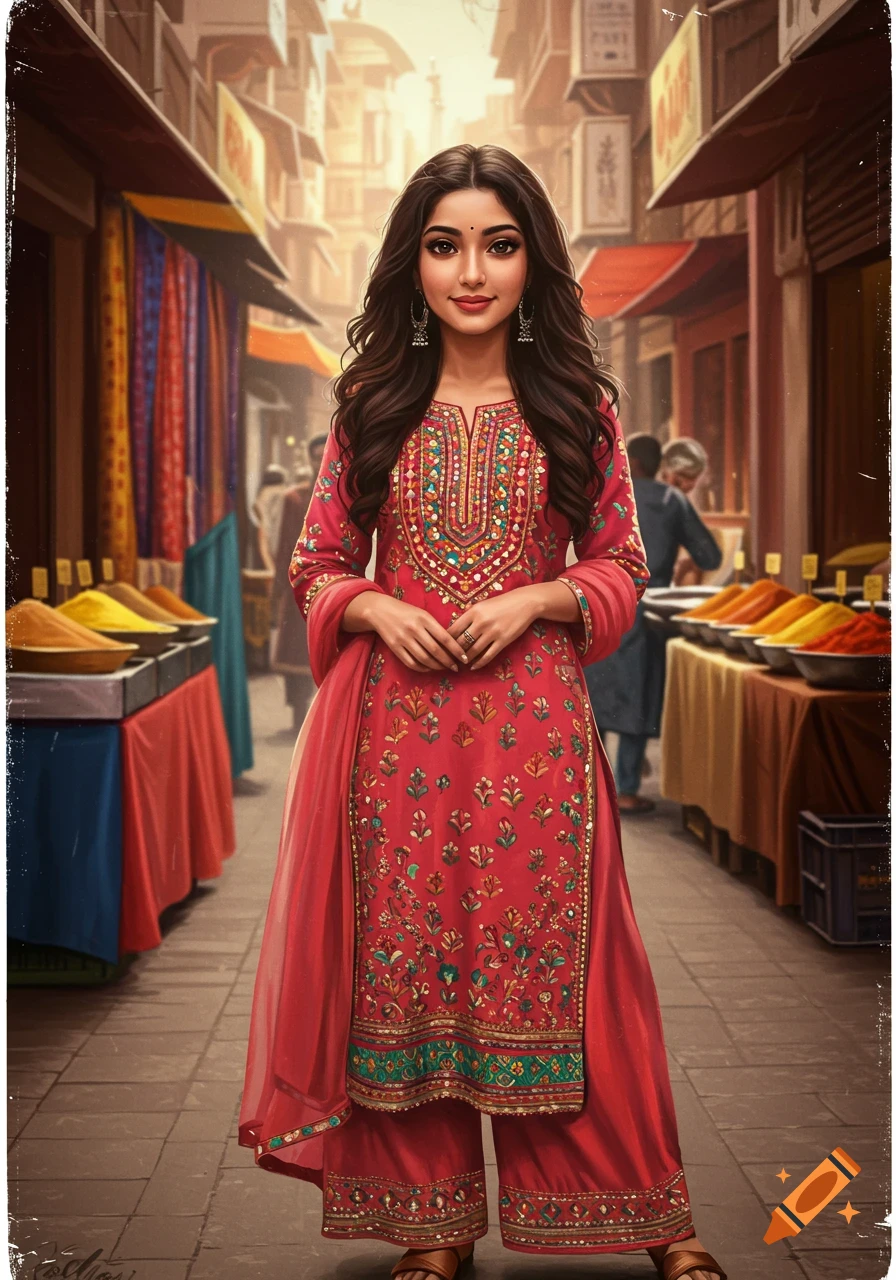 A woman in a red embroidered dress stands in a market street.