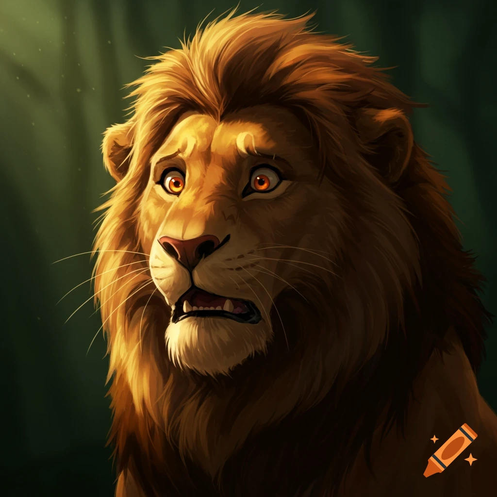 Close-up portrait of a scared-looking lion with wide eyes and open mouth.