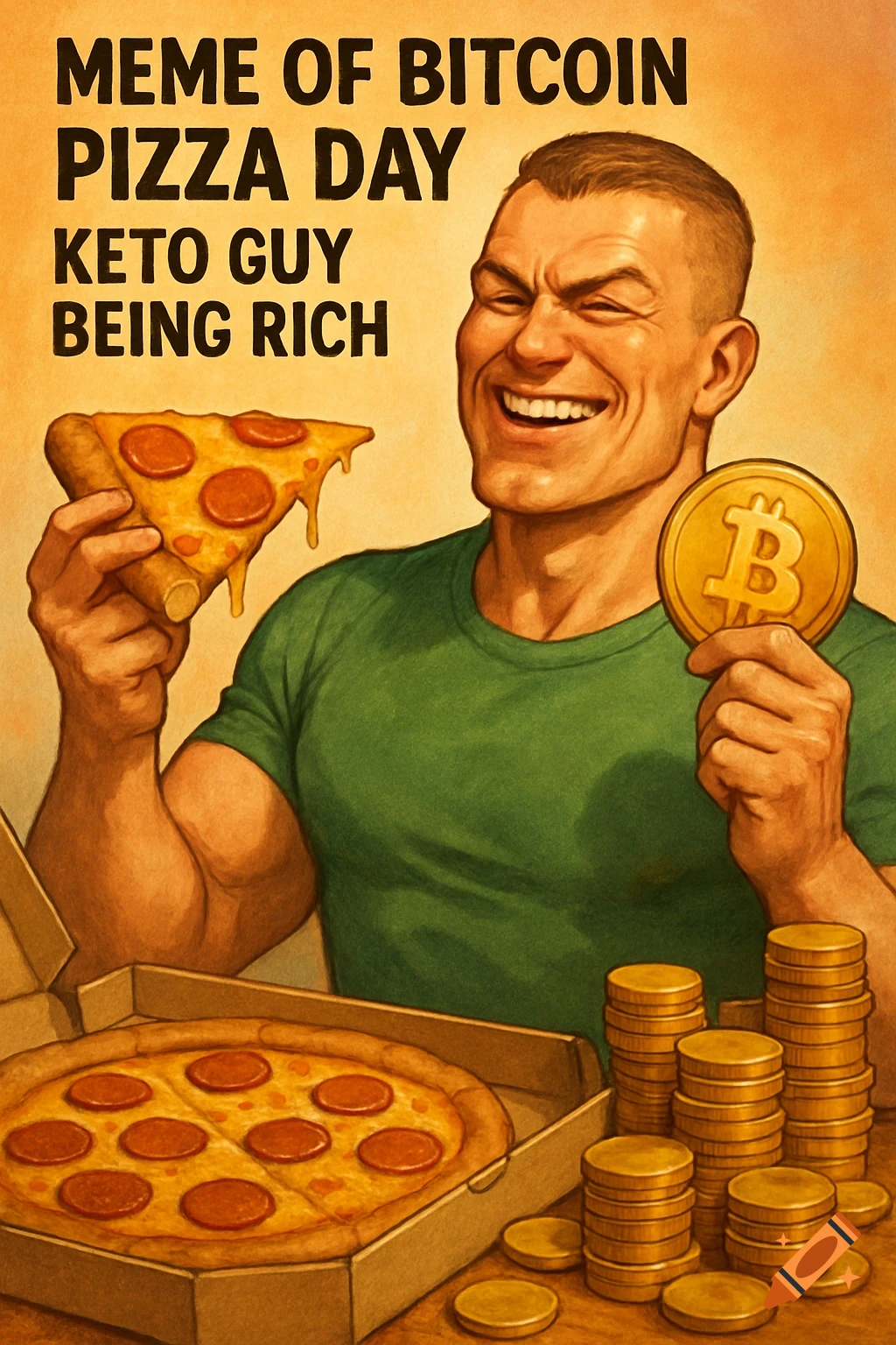Stylized illustration of a muscular man smiling, holding a pizza slice and a giant gold Bitcoin coin, with a pizza box and stacks of gold coins nearby. Text overlay reads 'MEME OF BITCOIN PIZZA DAY KETO GUY BEING RICH'.