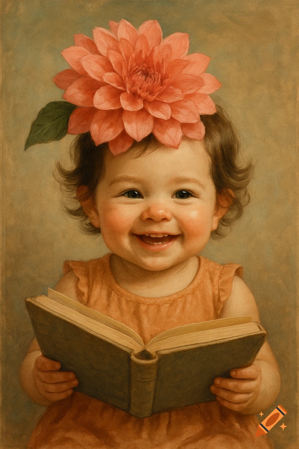 A smiling toddler with a large pink flower on her head holds an open book, in a painted portrait style.