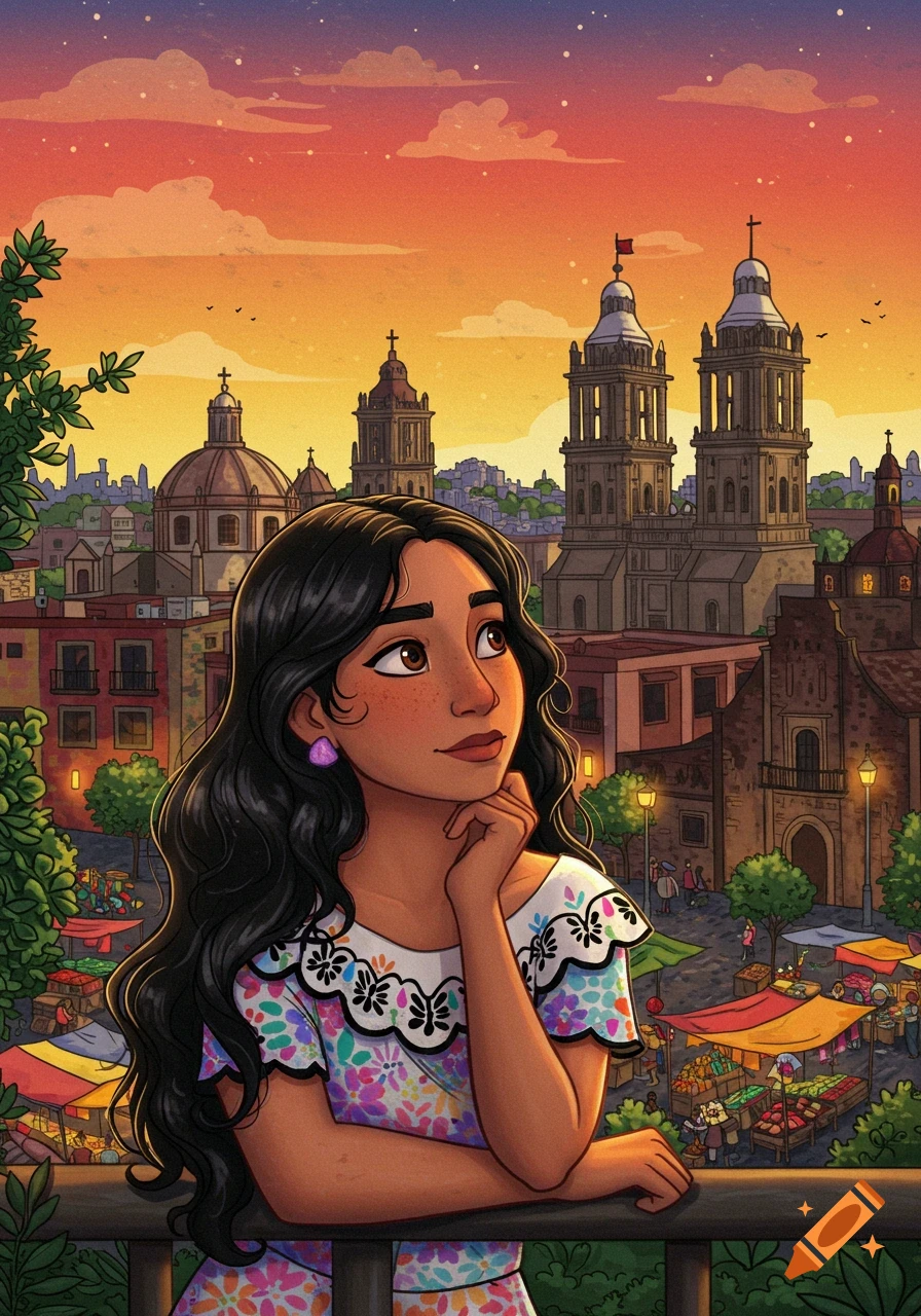 Illustration of a young woman with long black hair looking up at a city skyline at sunset, with a market scene below.