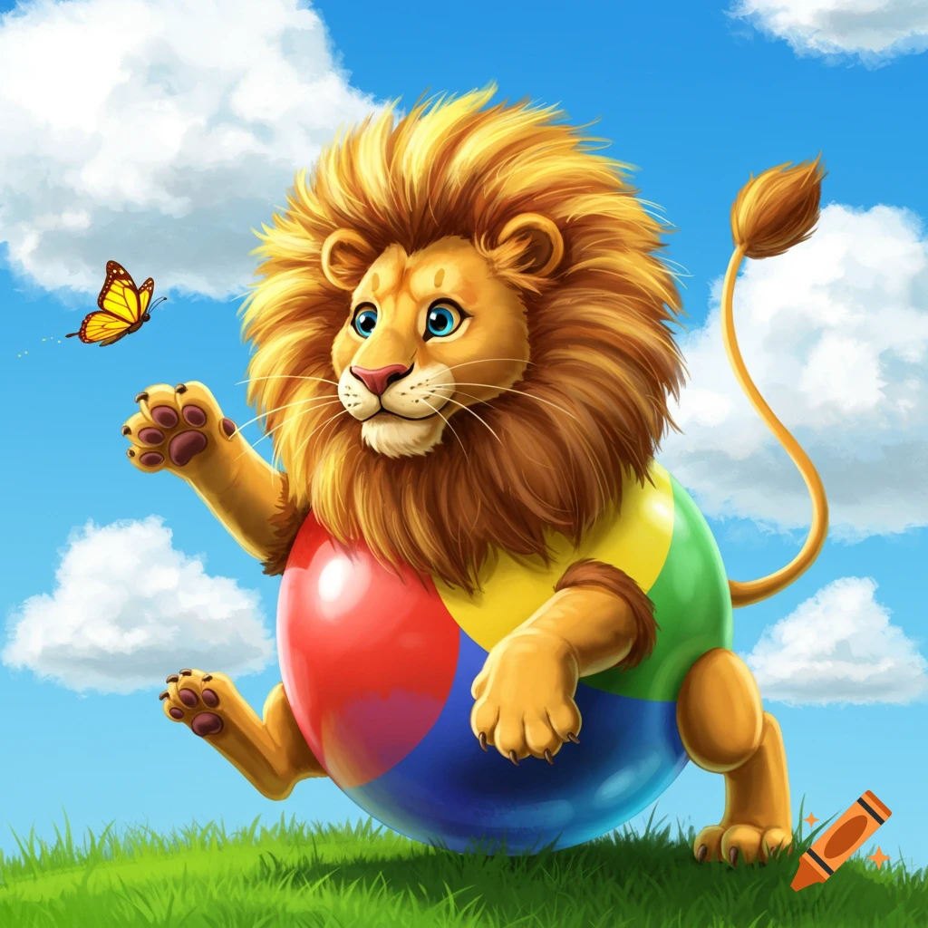 Cartoon lion rolls on a beach ball and plays with a butterfly.