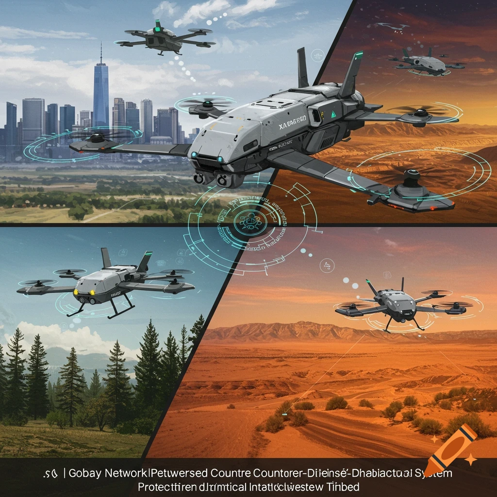 Futuristic drones fly over diverse landscapes: a city skyline, forest, and desert, with technical UI overlays.