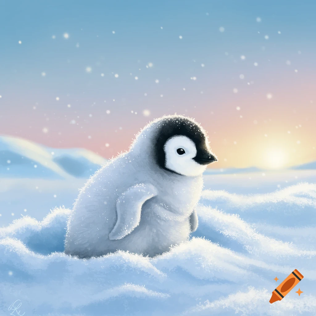 A fluffy baby penguin sits in the snow during a snowy sunrise.