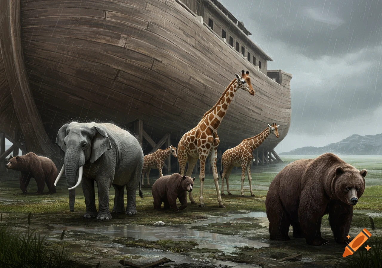 Animals, including elephants, giraffes, and bears, stand near Noah's Ark in the rain.