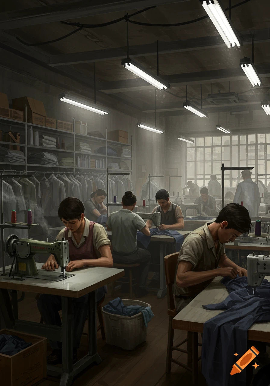 Workers sewing at machines in a crowded, dimly lit factory.