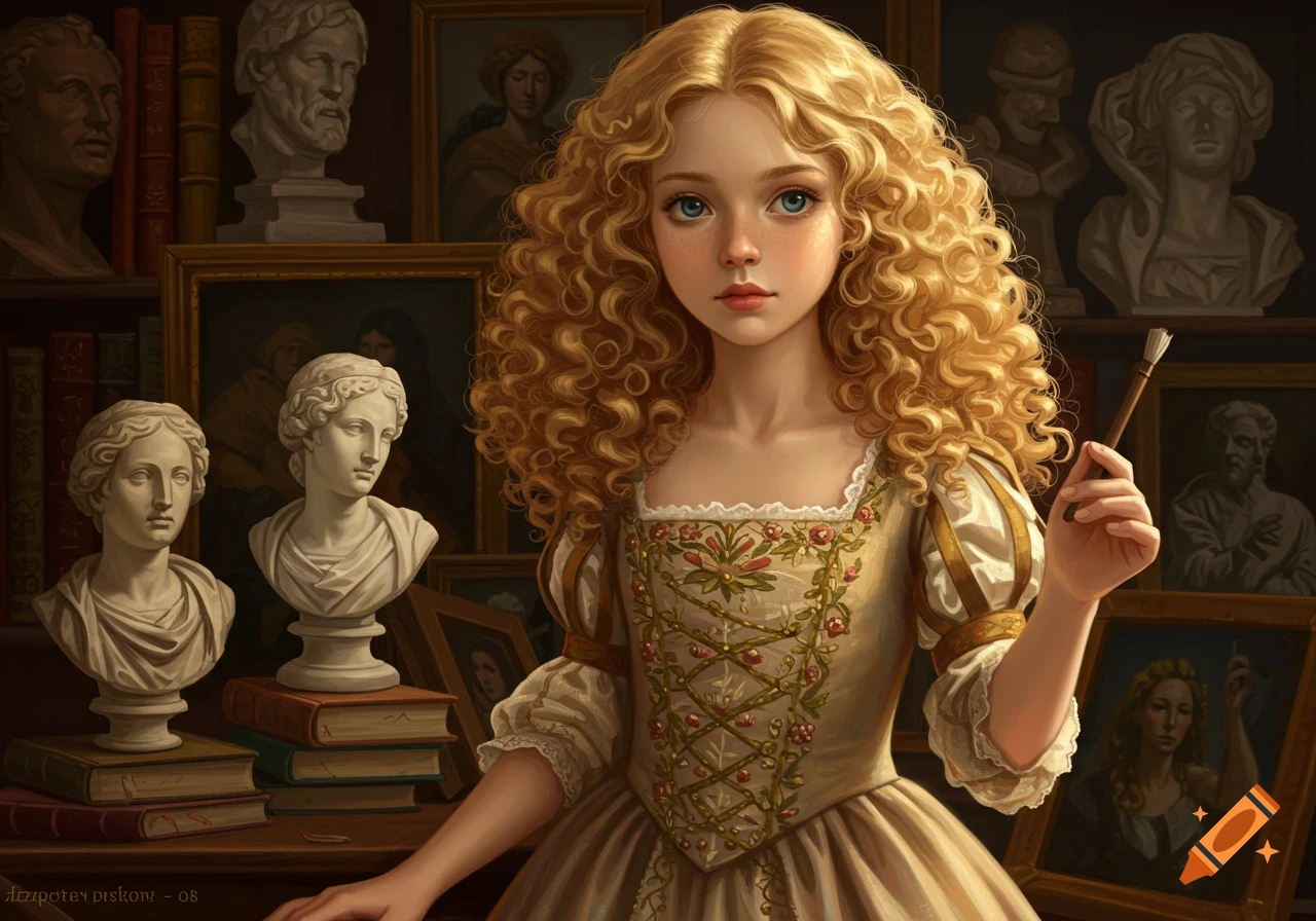 A young woman with blonde curly hair holding a paintbrush, surrounded by classical busts and paintings.