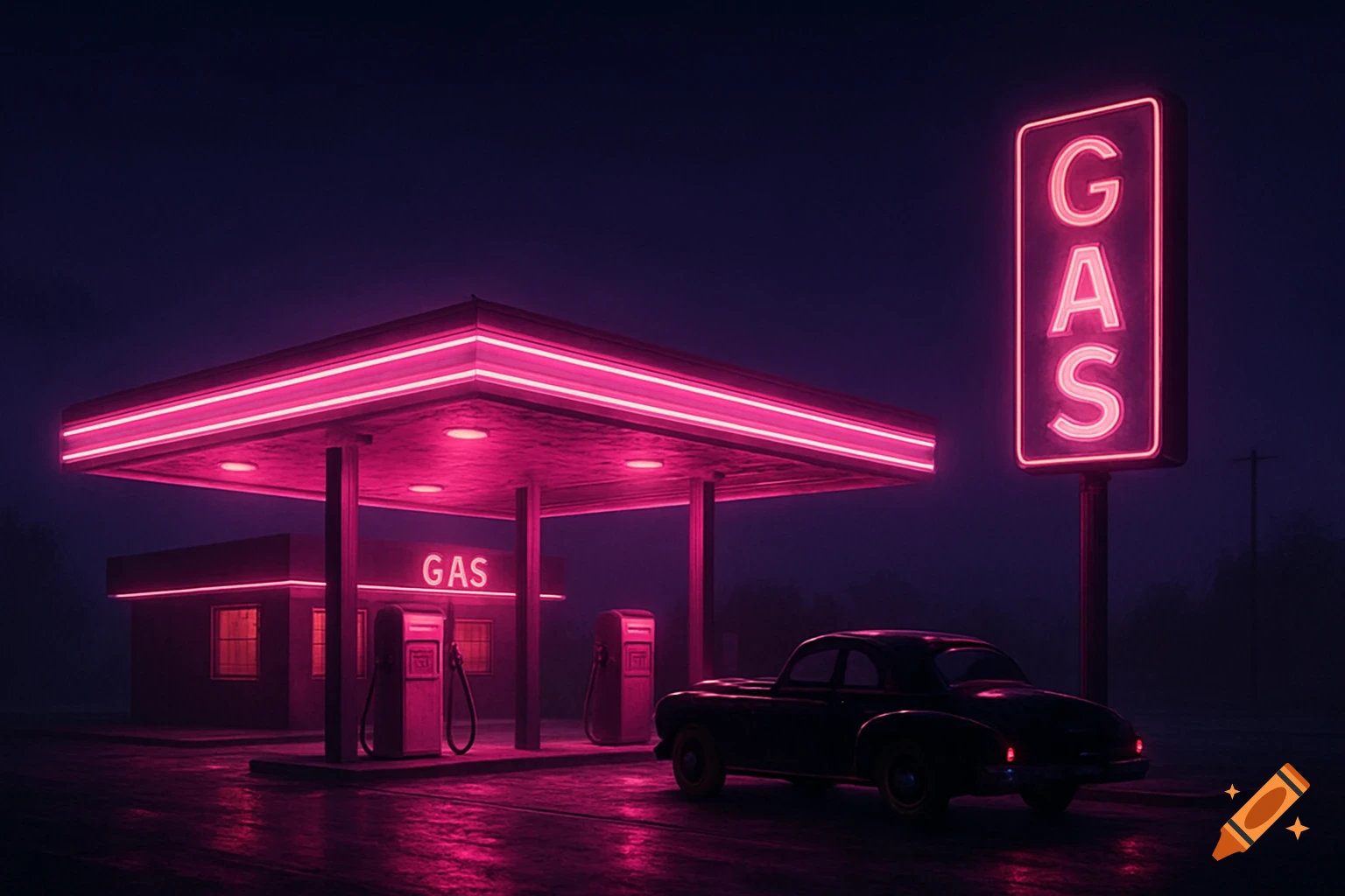 A vintage car is parked under the pink neon lit canopy of a gas station at night, with a vertical GAS sign.