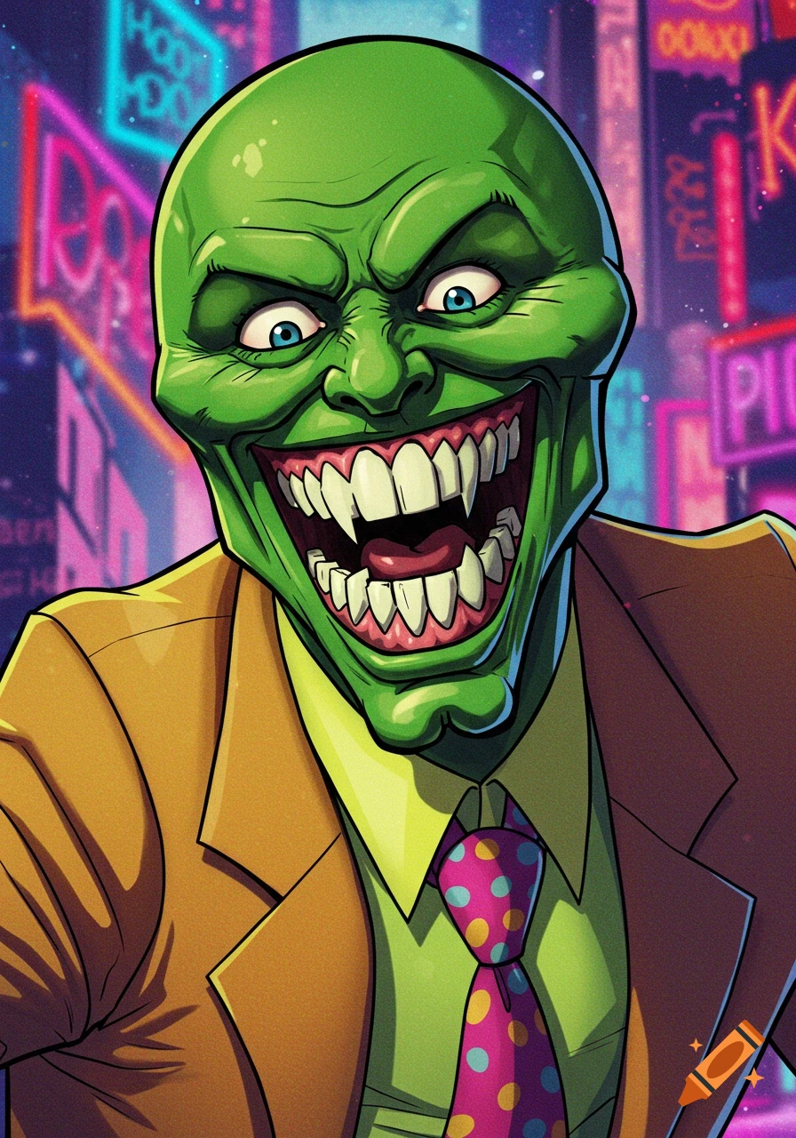 Cartoon style portrait of The Mask character with a wide grin, wearing a suit and tie, against a blurred neon city background.