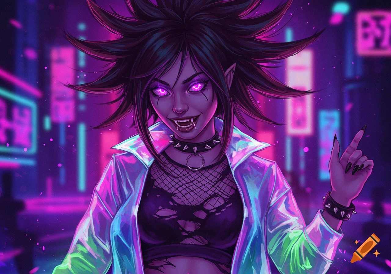 Illustration of a female vampire raver in a cyberpunk city with neon lights.