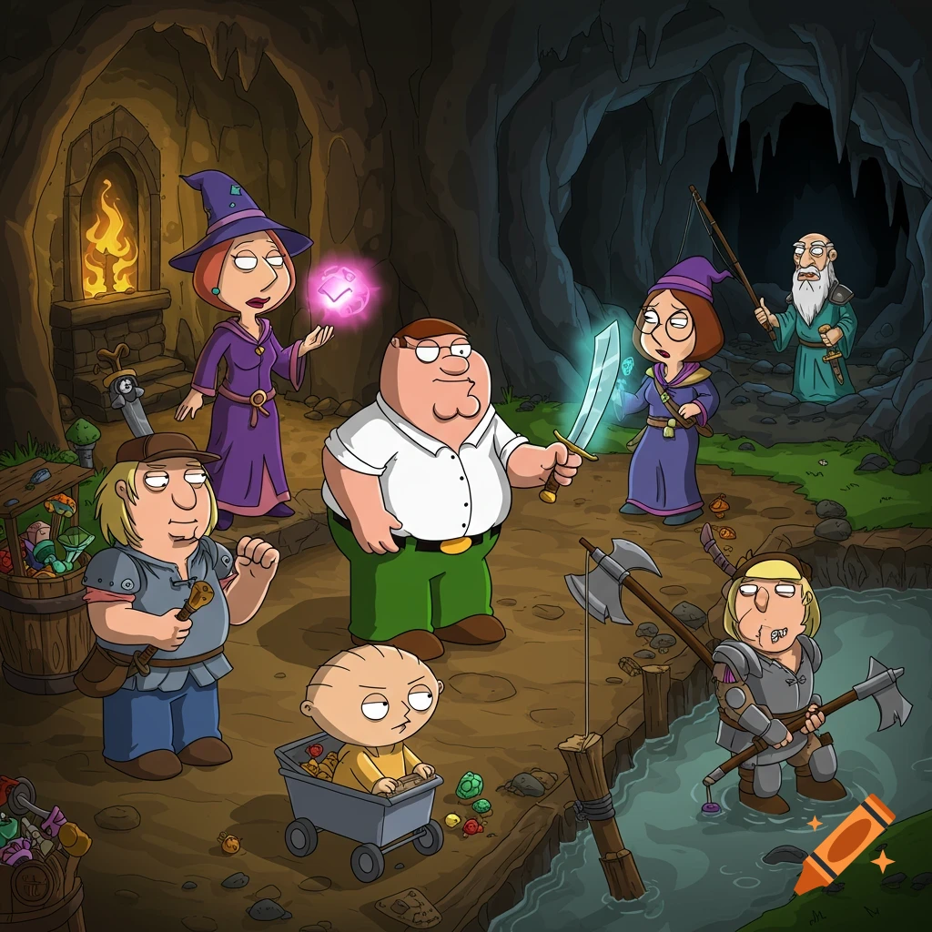 Cartoon Family Guy characters as fantasy adventurers in a cave dungeon scene.