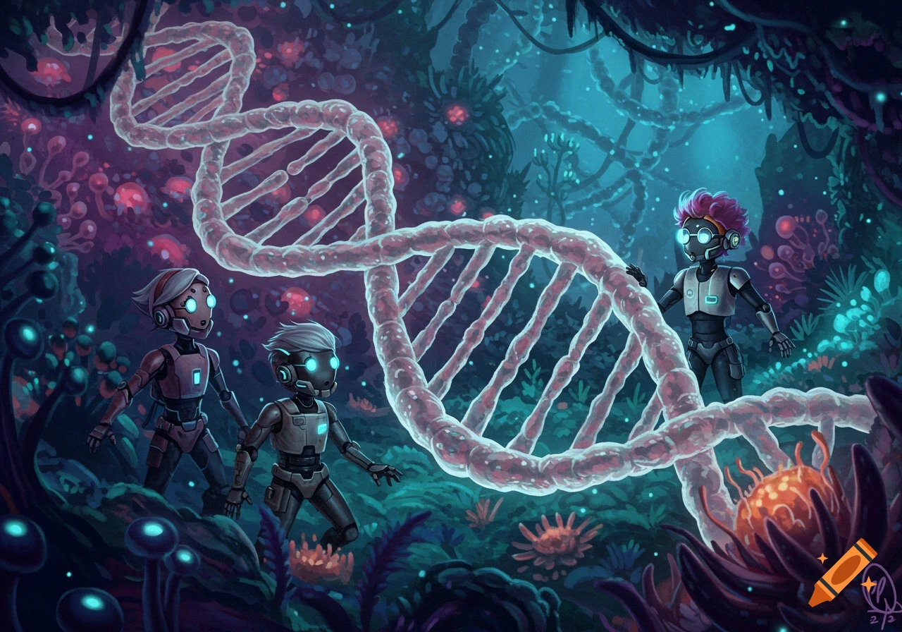 Stylized illustration of three robots discovering a giant glowing DNA strand in a bioluminescent forest.