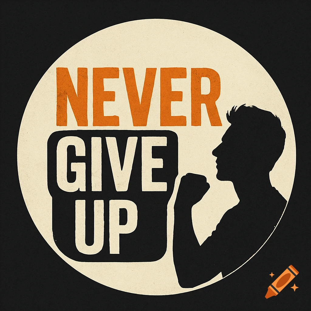 Circular graphic with 'NEVER GIVE UP' text and a silhouette of a person.