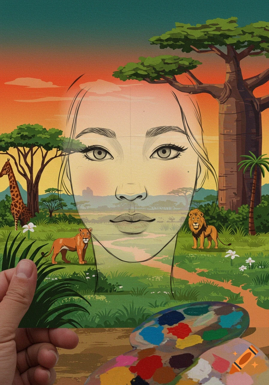 A surreal illustration of a face sketch blended with an African landscape featuring animals and trees, with a hand holding a paint palette.