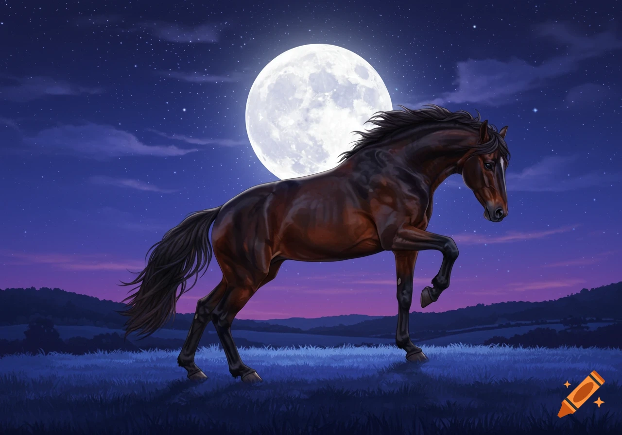 A brown horse stands dramatically in a field under a large full moon at night.