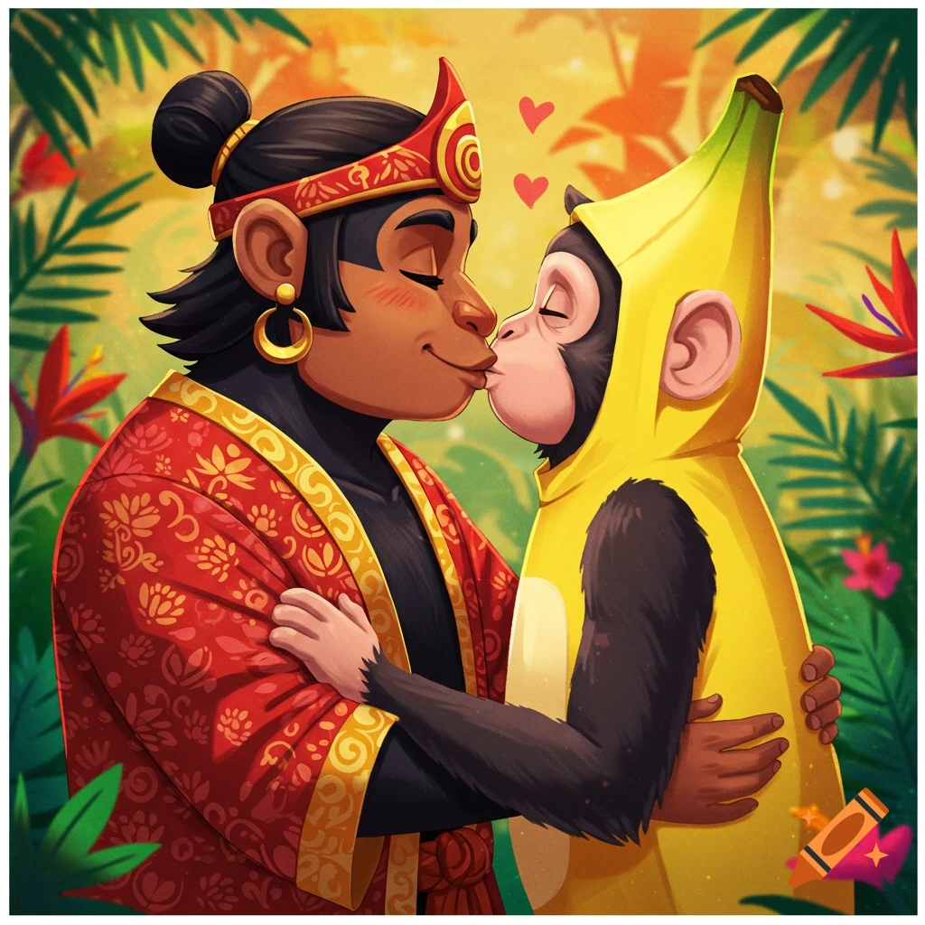 Two cartoon monkeys, one in a red robe and headdress and one in a banana costume, kiss in a lush jungle setting.