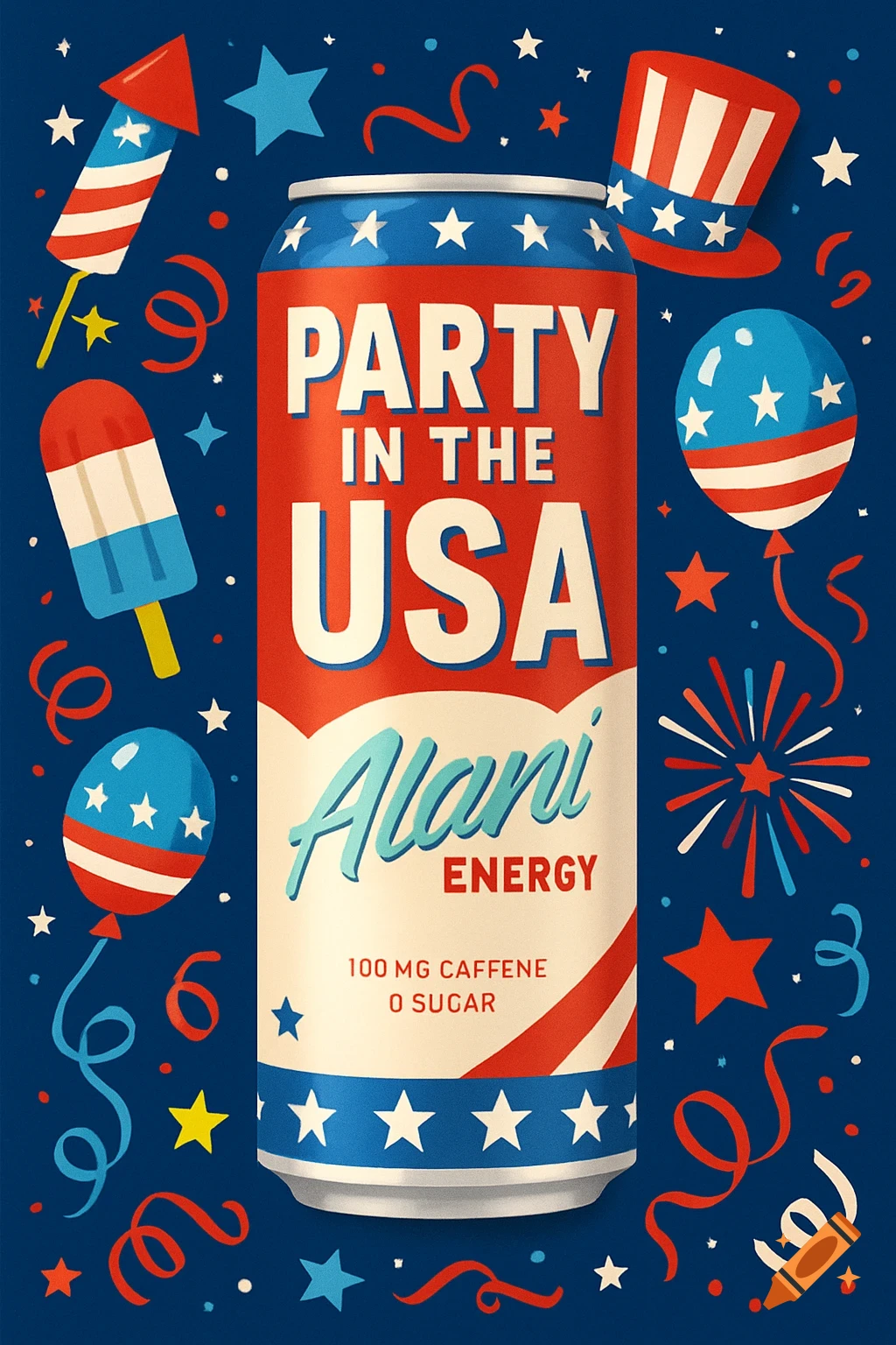 Stylized illustration of an Alani 'PARTY IN THE USA' energy drink can surrounded by patriotic decorations like fireworks, balloons, and a top hat.