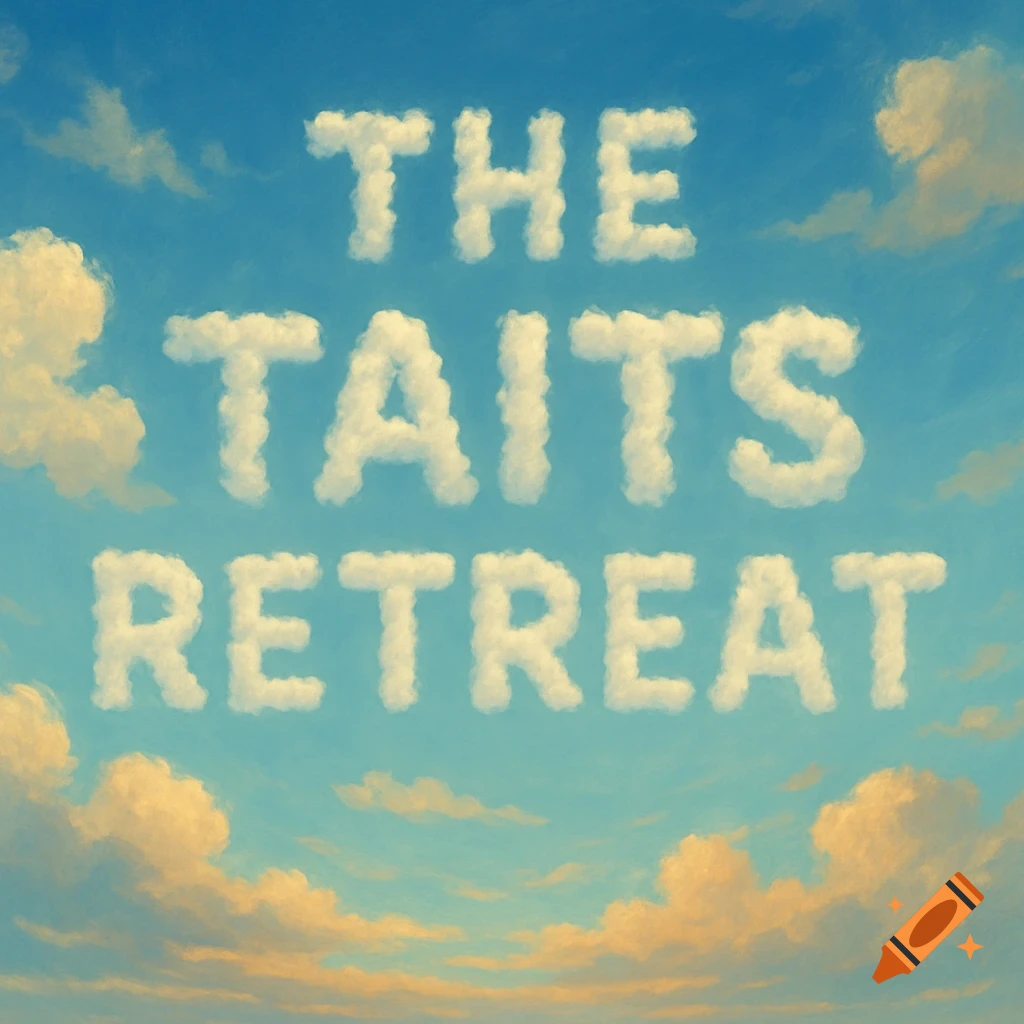 Clouds spelling out 'THE TAITS RETREAT' in a blue sky with scattered clouds.