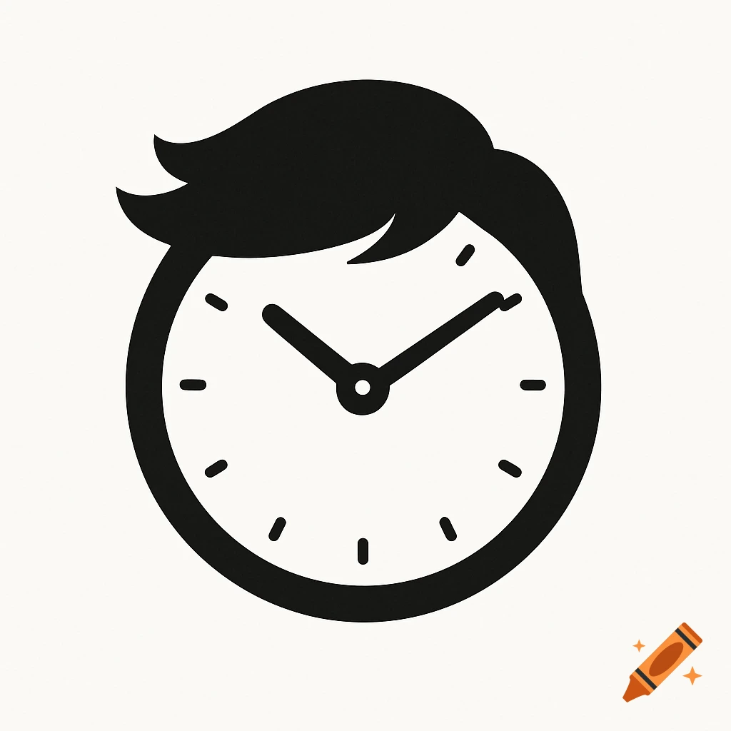 A simplistic black and white logo of a clock with hair.