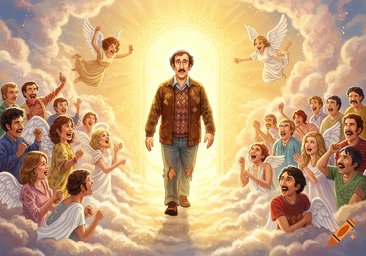 Norm from Cheers entering heaven, surrounded by cheering angels and people on clouds.
