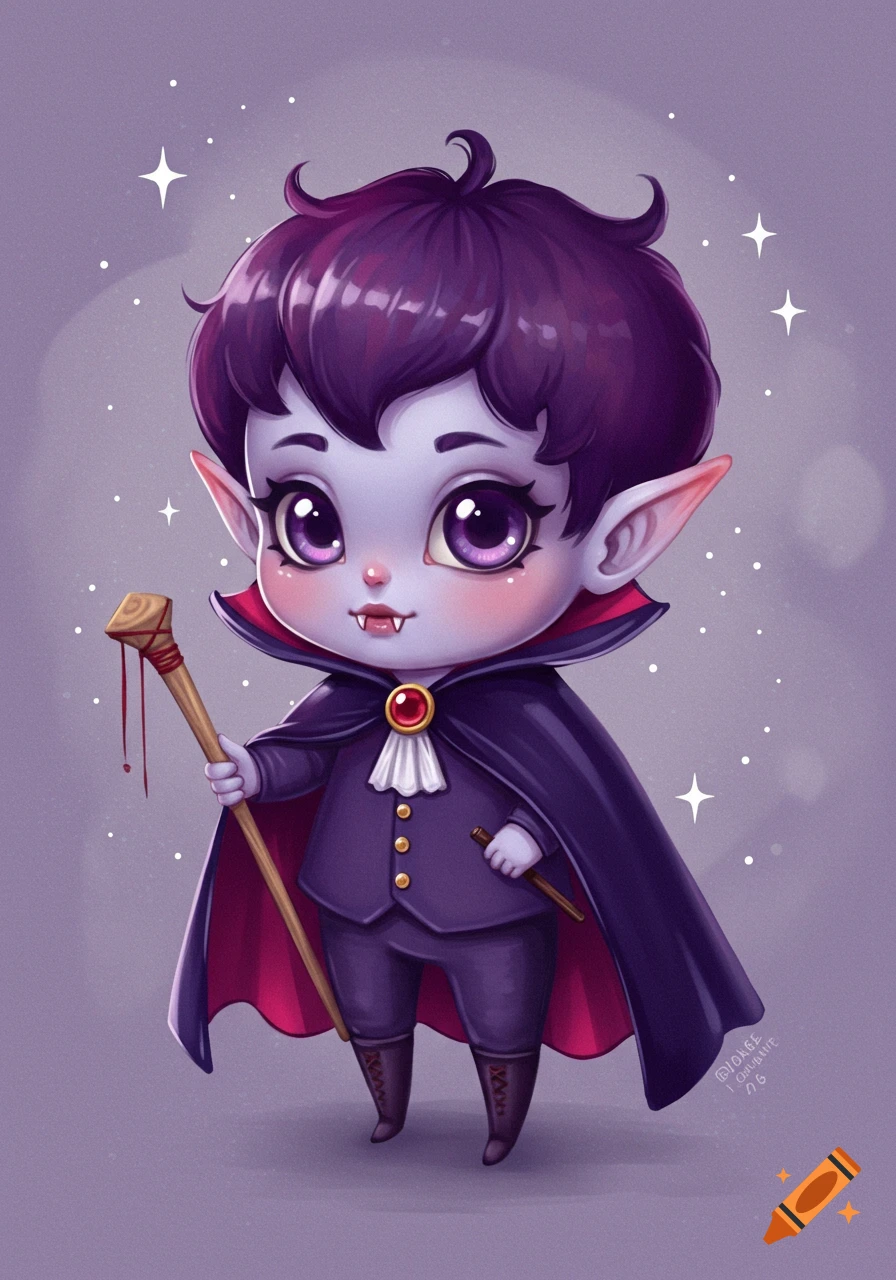 Cute chibi vampire child with purple skin, fangs, cape, and staff.