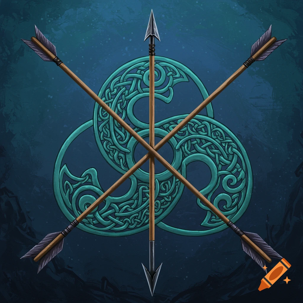 A teal Celtic triskele knot with three crossing arrows against a dark blue background.