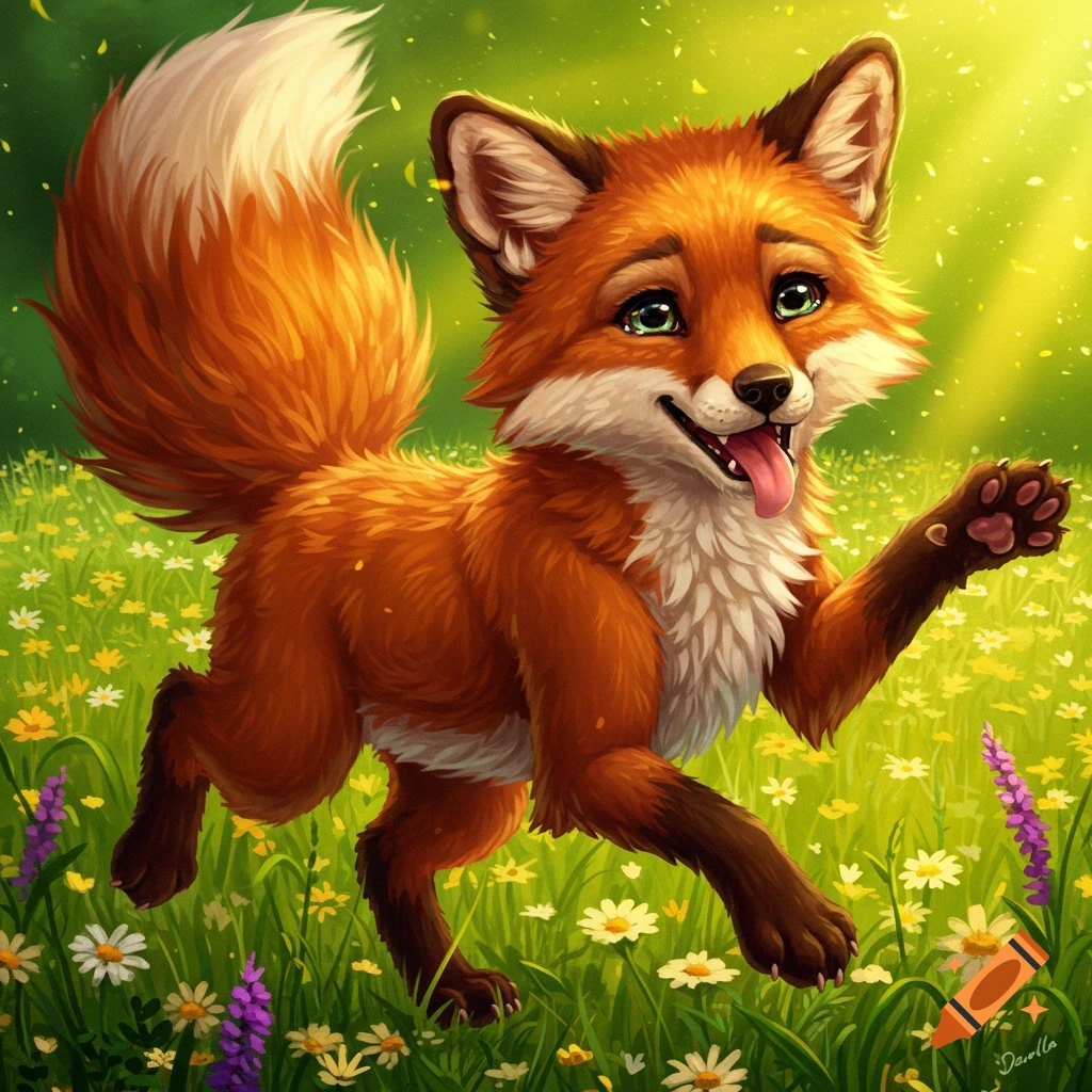 A cute cartoon fox runs through a field of flowers.