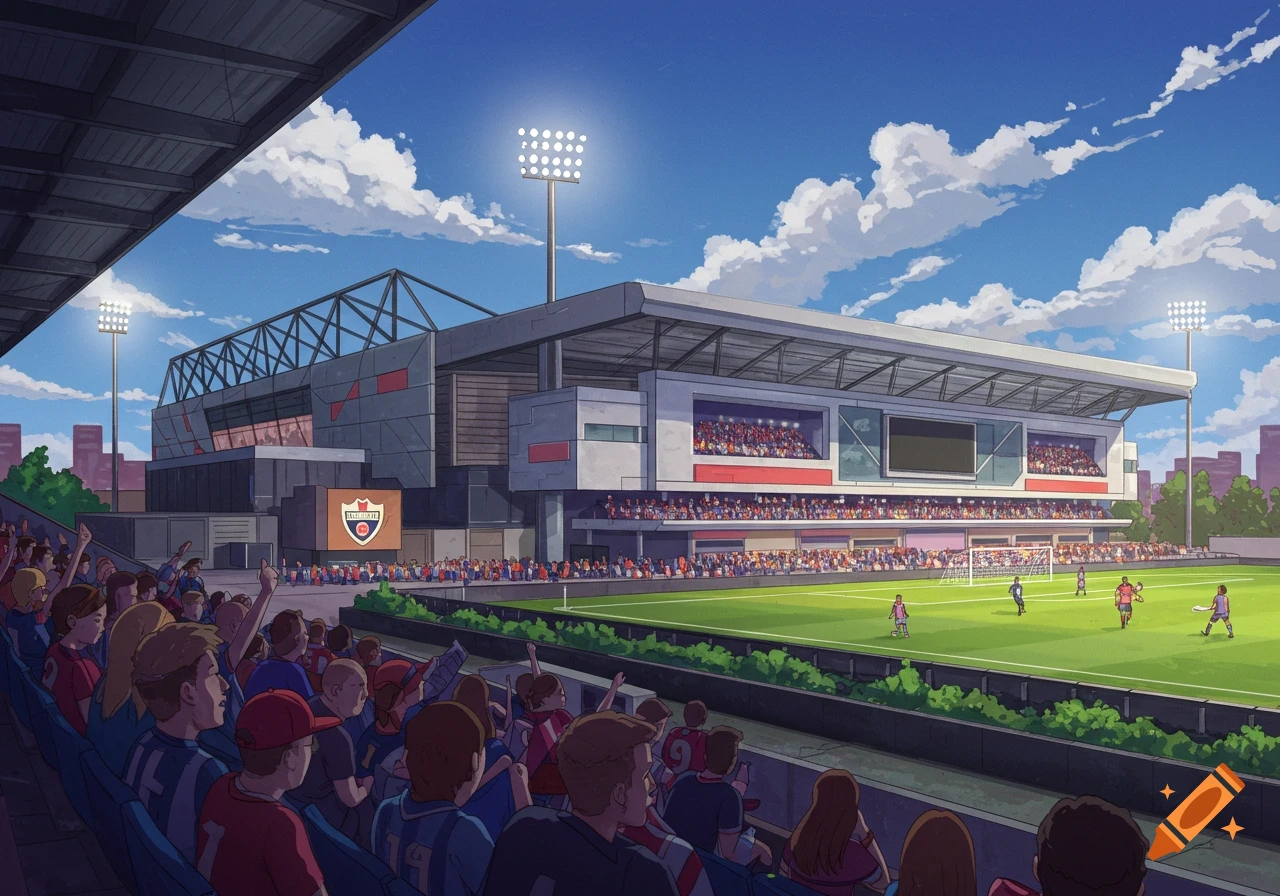 Anime style illustration of a football stadium during a game with players on the field and a crowd in the stands.