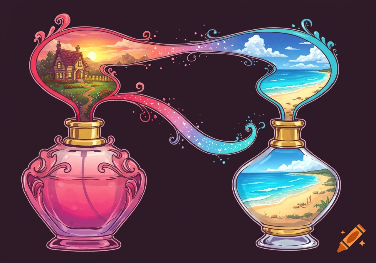 Two decorative perfume bottles connected by a swirling trail showing a country home and a beach scene in a stylized illustration.