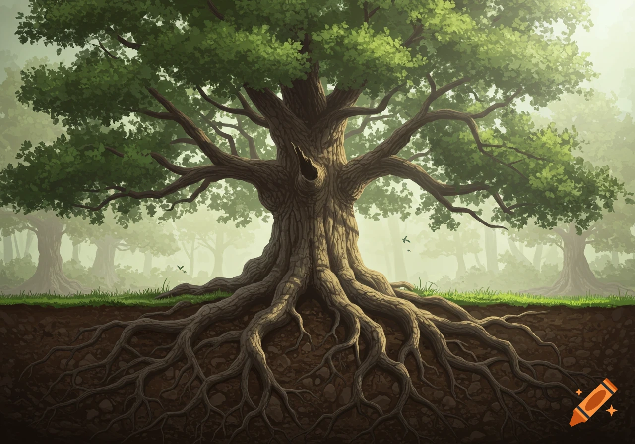 A large oak tree with exposed roots dominates a misty forest landscape.