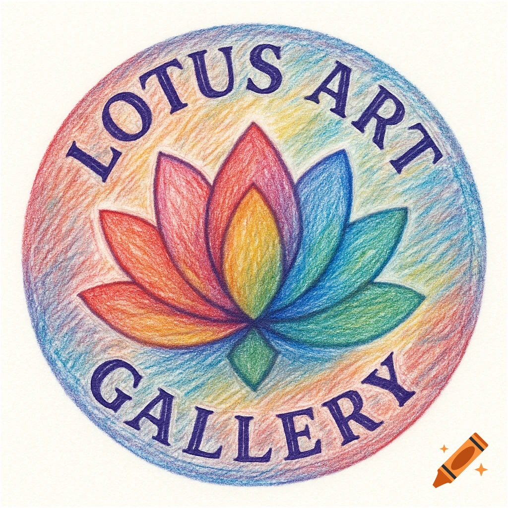 Circular logo with a colorful lotus flower and the text 'Lotus Art Gallery' in a colored pencil style.
