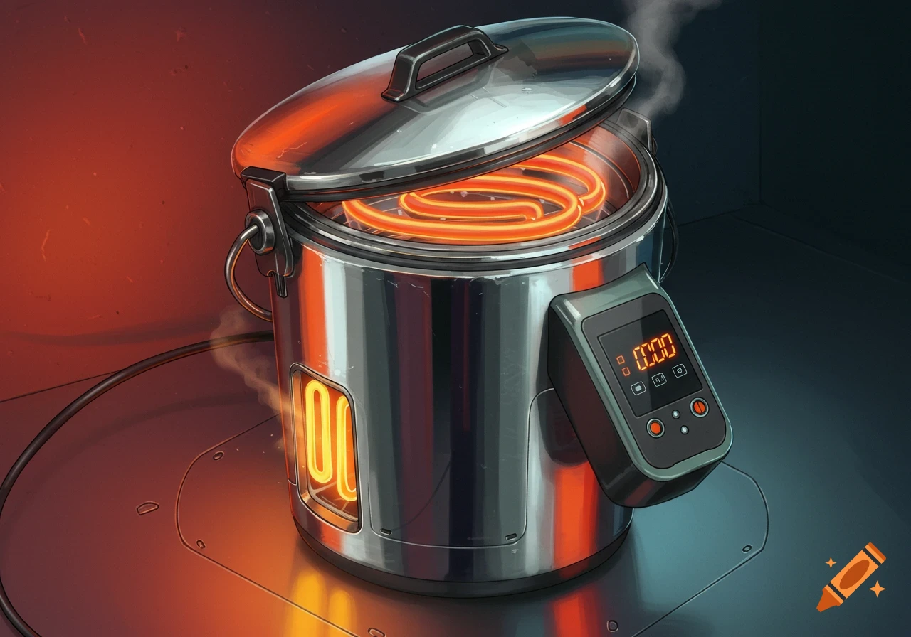 A shiny metallic pot with a heating element visible inside and on the side, steam rising, with a digital control panel.
