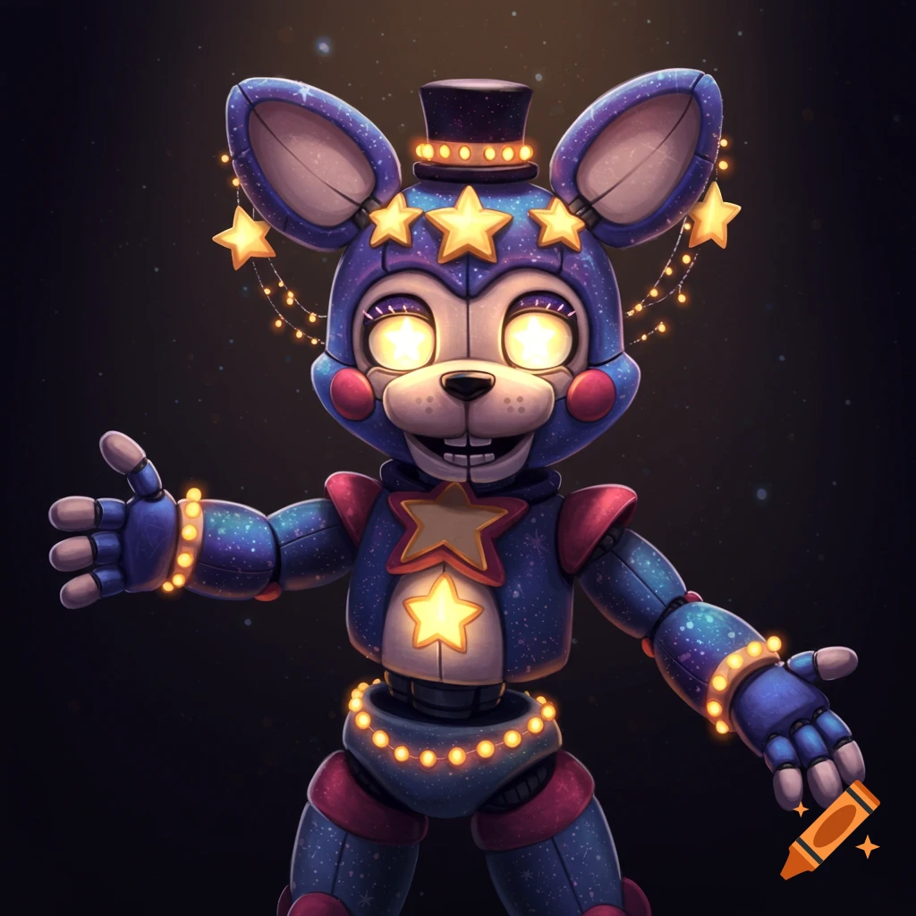 Star-themed animatronic character with glowing eyes and fairy lights