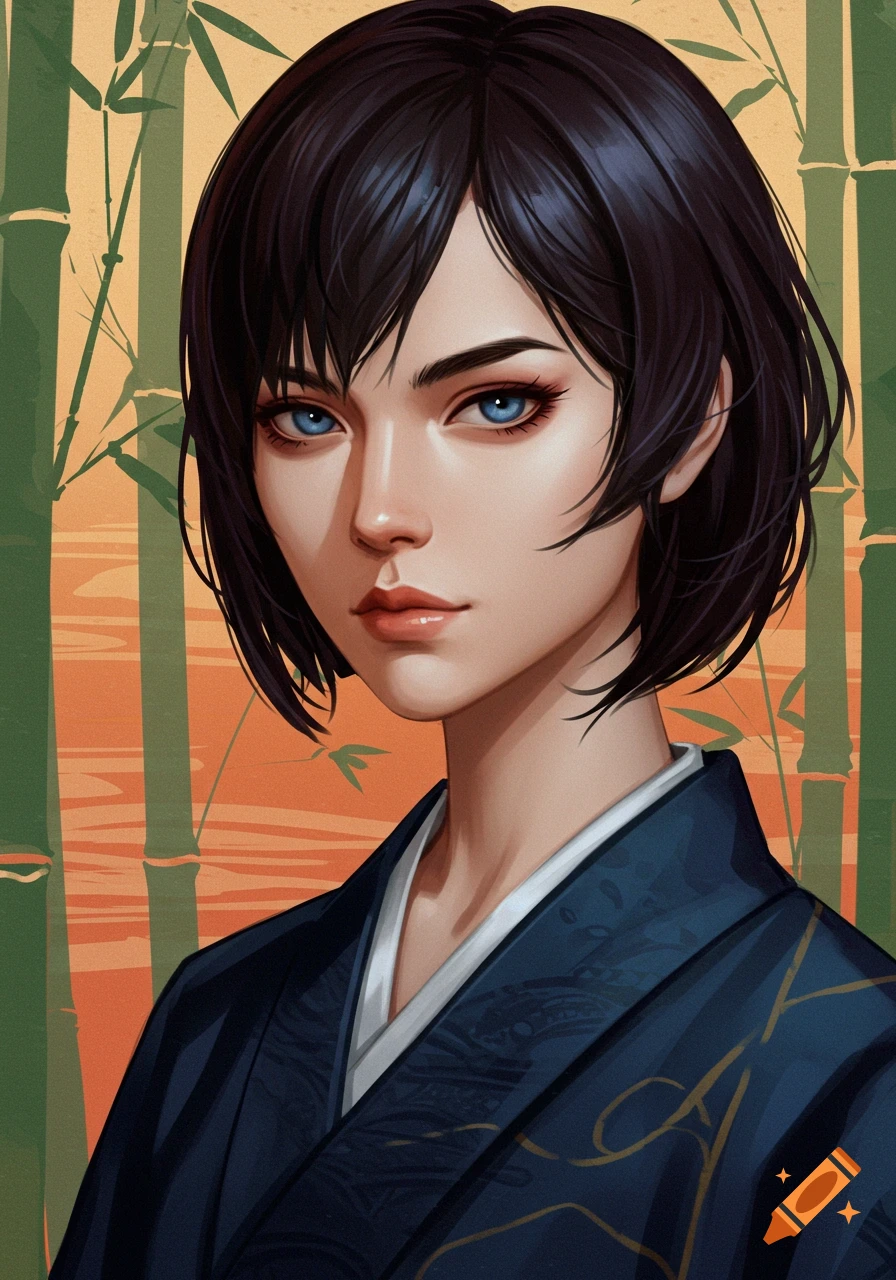 Portrait illustration of a woman in a blue kimono with bamboo background.