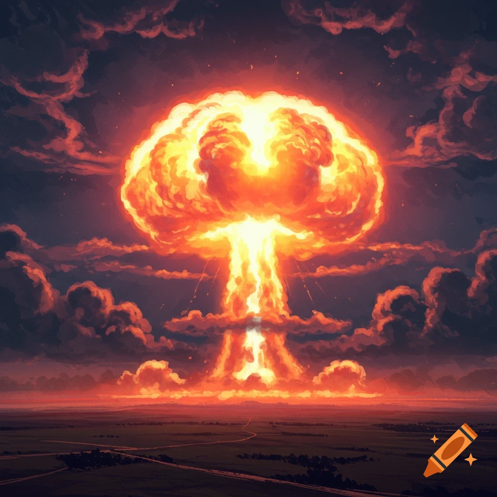 A large, fiery mushroom cloud from a nuclear explosion rises into a dark, cloudy sky over a landscape.