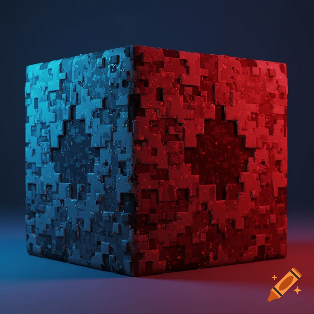 A blocky cube with a pixelated texture, lit by blue and red light.