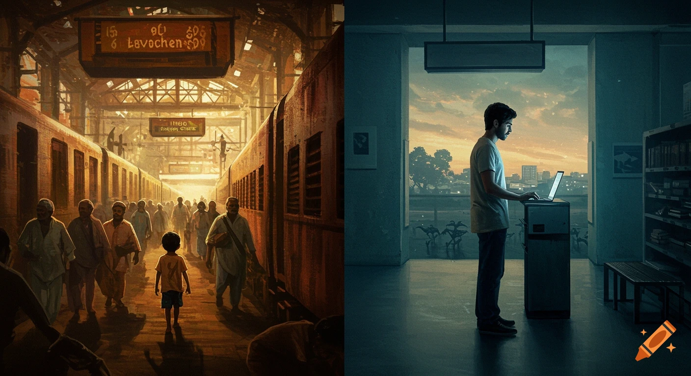 Cinematic digital painting split showing a crowded train station and a man using a laptop in a modern room.