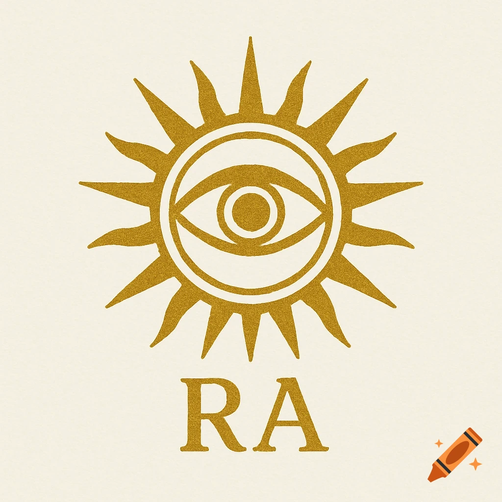 Golden logo of the Eye of Ra inside a sun with rays, with the letters RA underneath, on a textured background.