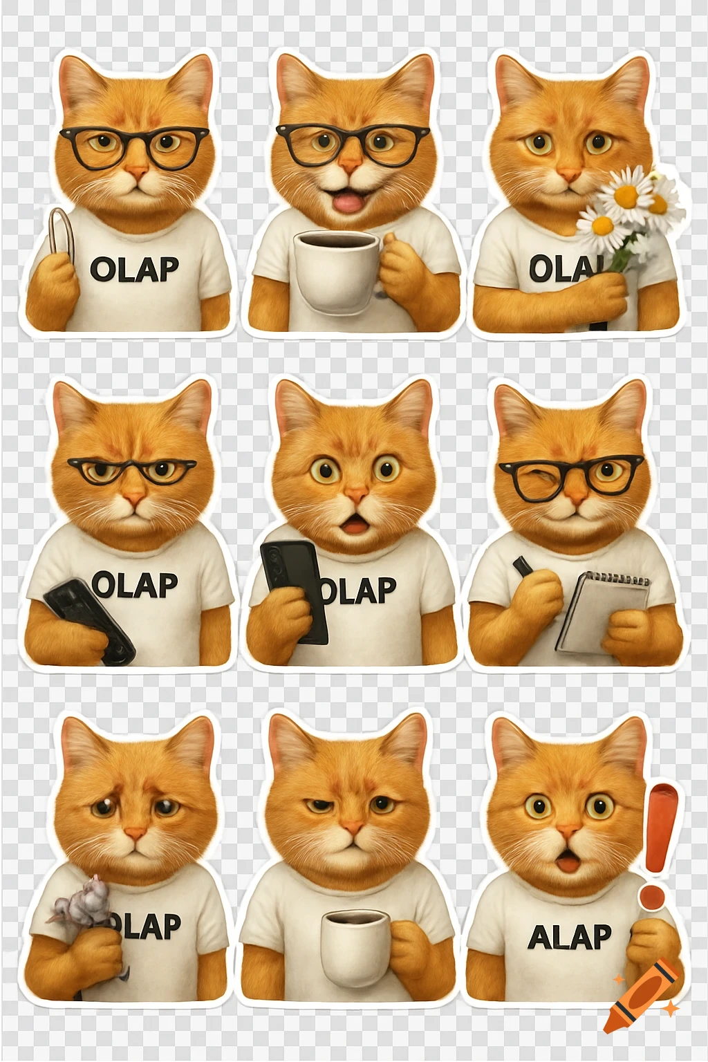 A 3x3 grid of nine photorealistic orange cat stickers wearing glasses and white t-shirts with text, showing different emotions and holding objects.
