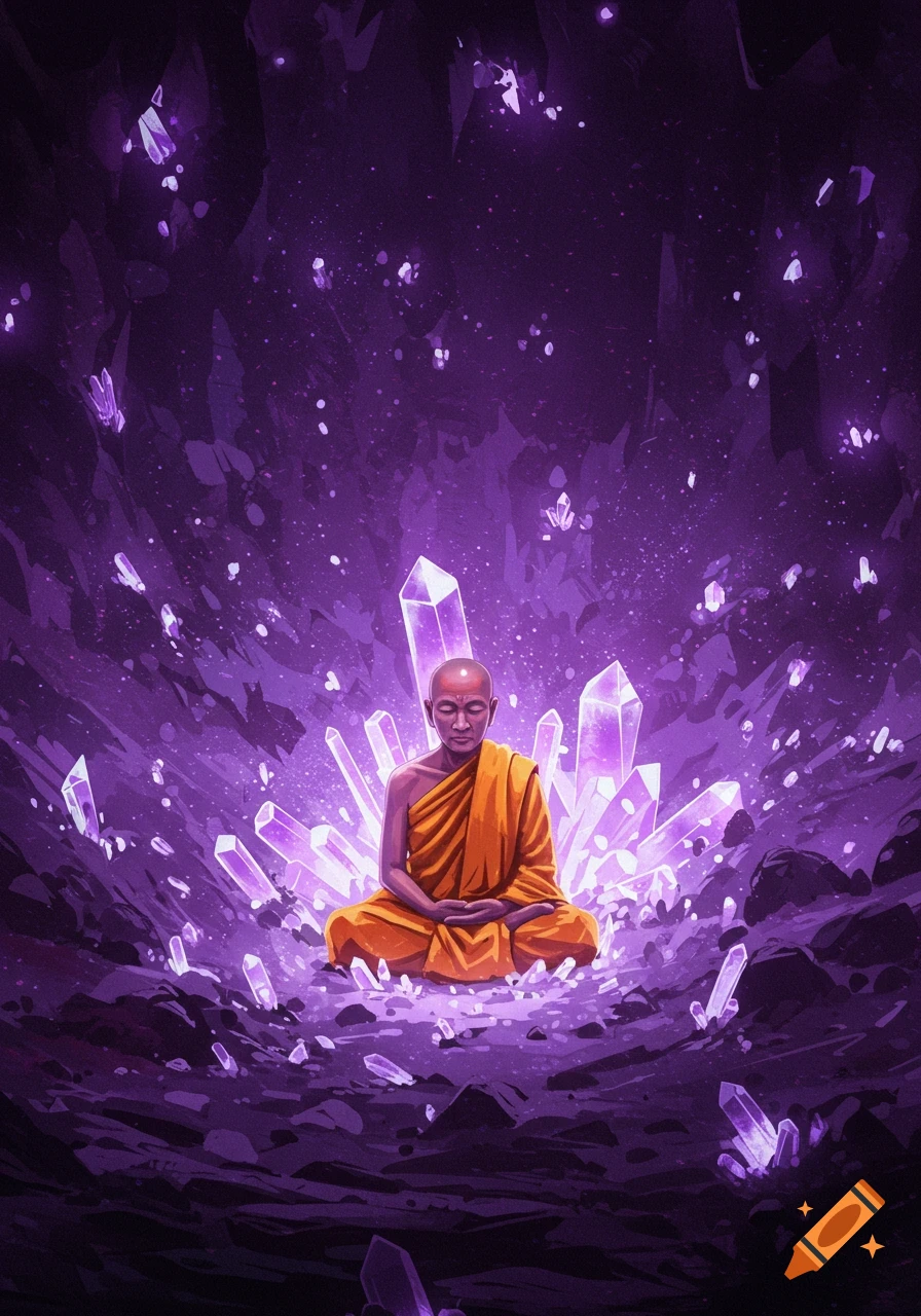 A meditating monk surrounded by glowing purple crystals in a dark cave.