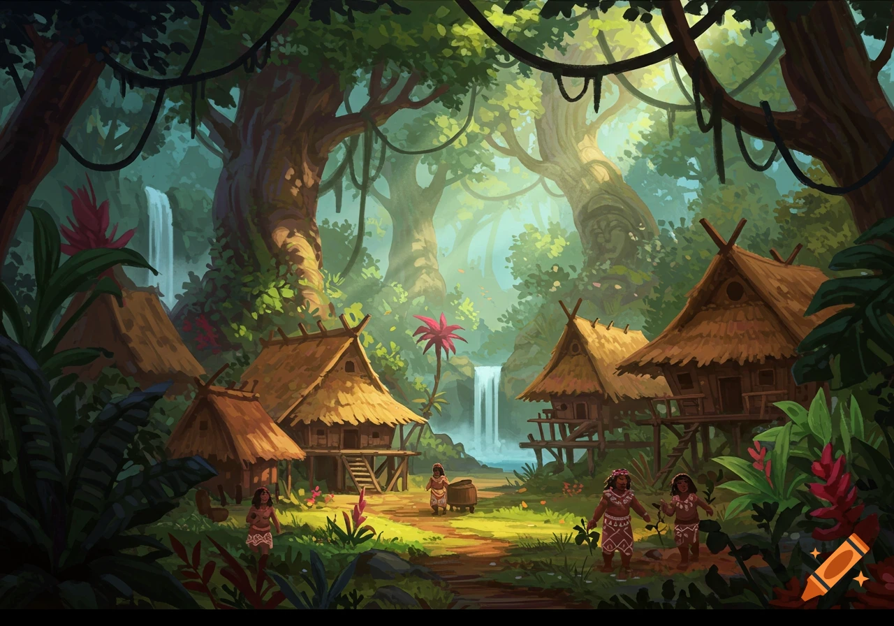 Illustration of a small village with thatched huts and people in a lush jungle with waterfalls.
