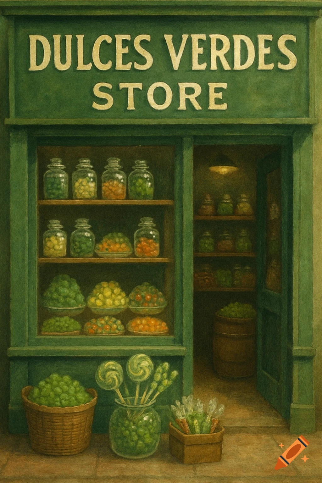 Painting of a green sweets store with candy jars and baskets