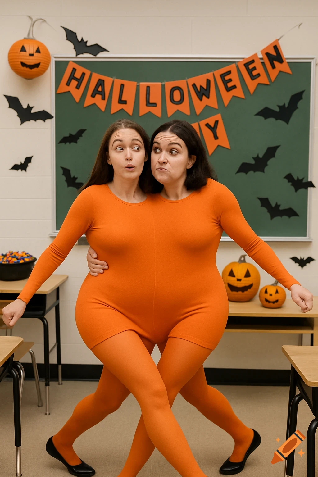 Two women in a shared orange costume stand in a decorated classroom for Halloween.