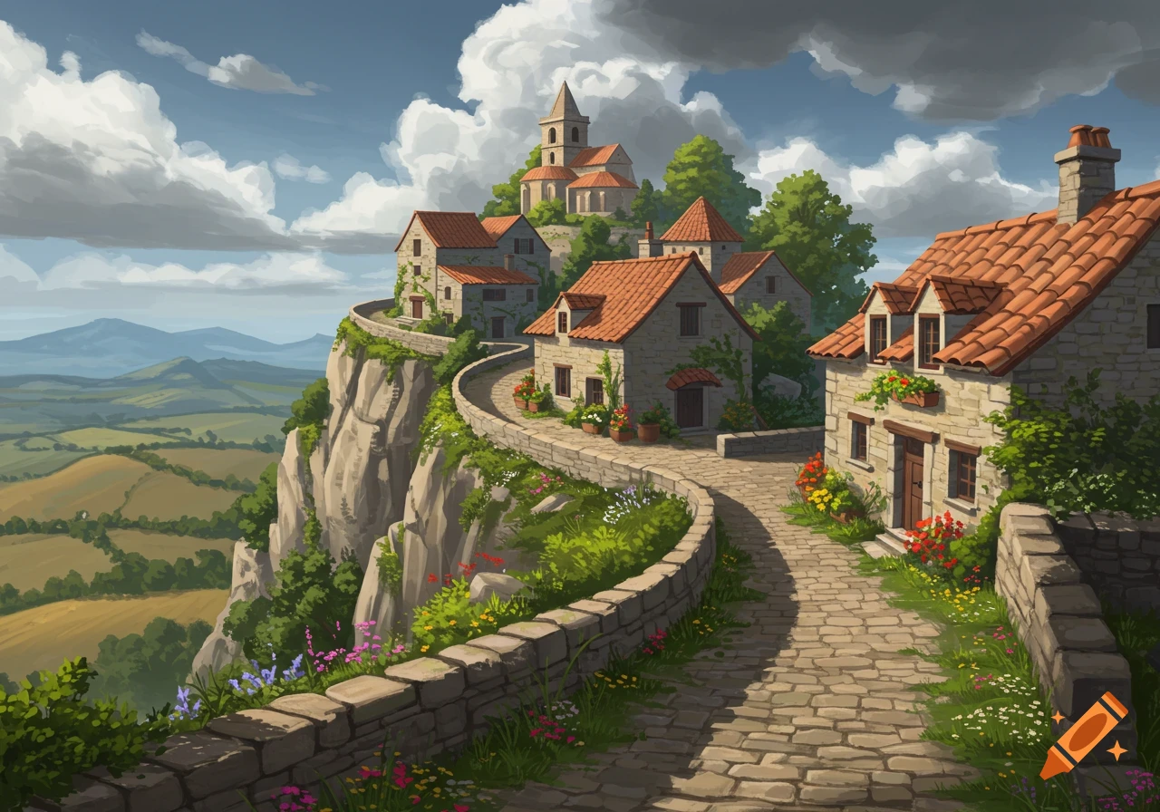Illustration of a village perched on a cliffside overlooking rolling hills